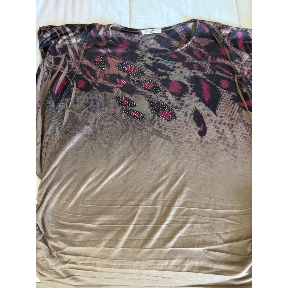 Moa Moa Woman Animal Print Ruched Top 2X Snakeskin Leopard Rhinestone 85484CNT